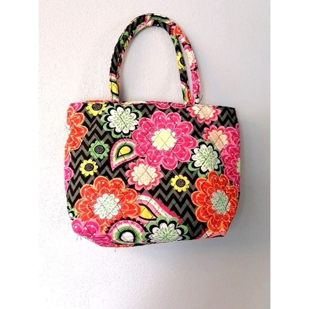 Womens‎ Handbag Pink Floral L Quilted Fabric Zip Close Double Handle Pockets NEW